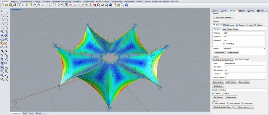 Set-up of a structural analysis of the form-found Sternwellenzelt by Frei Otto in Rhino with TeDA